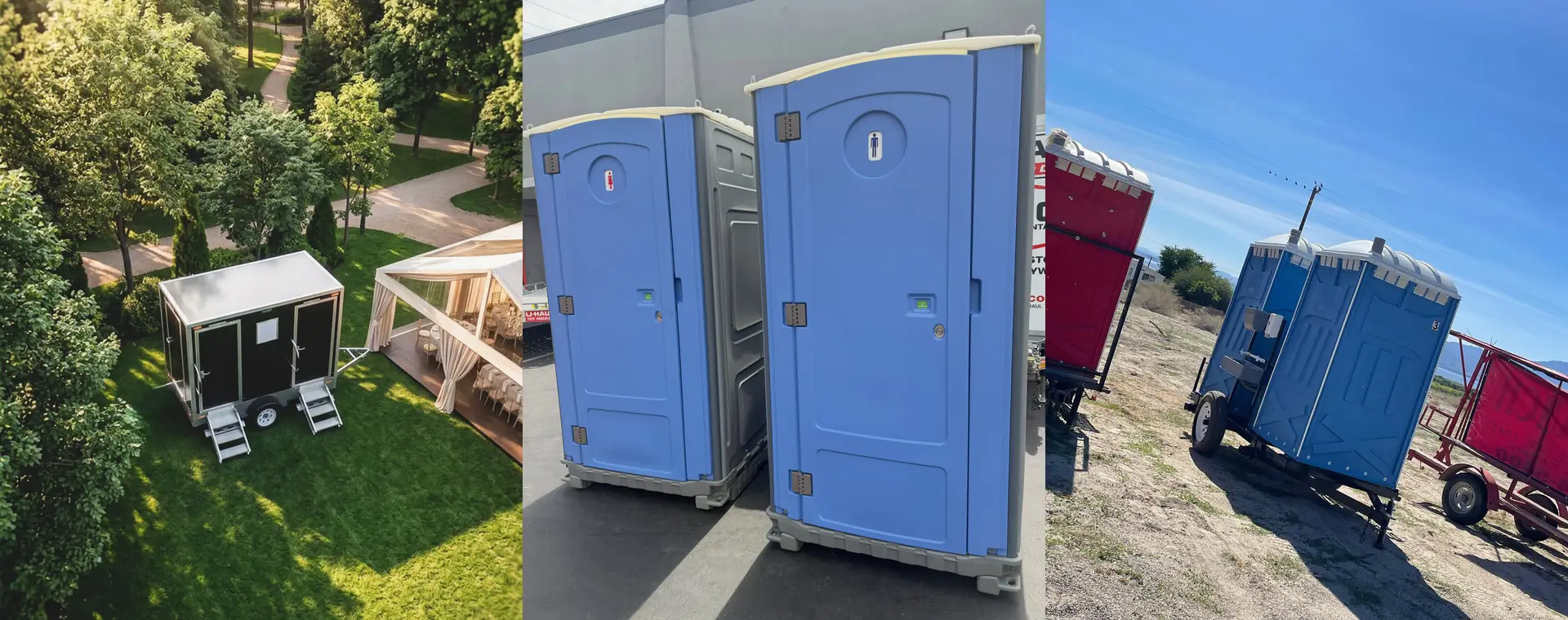 Restroom trailer on a lawn, blue porta potties on pavement and towable units at a job site